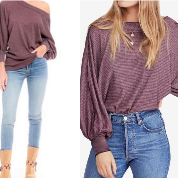 FREE PEOPLE Willow Thermal Oversized Top Waffle Knit In Wine Purple Size Medium - Picture 13 of 15